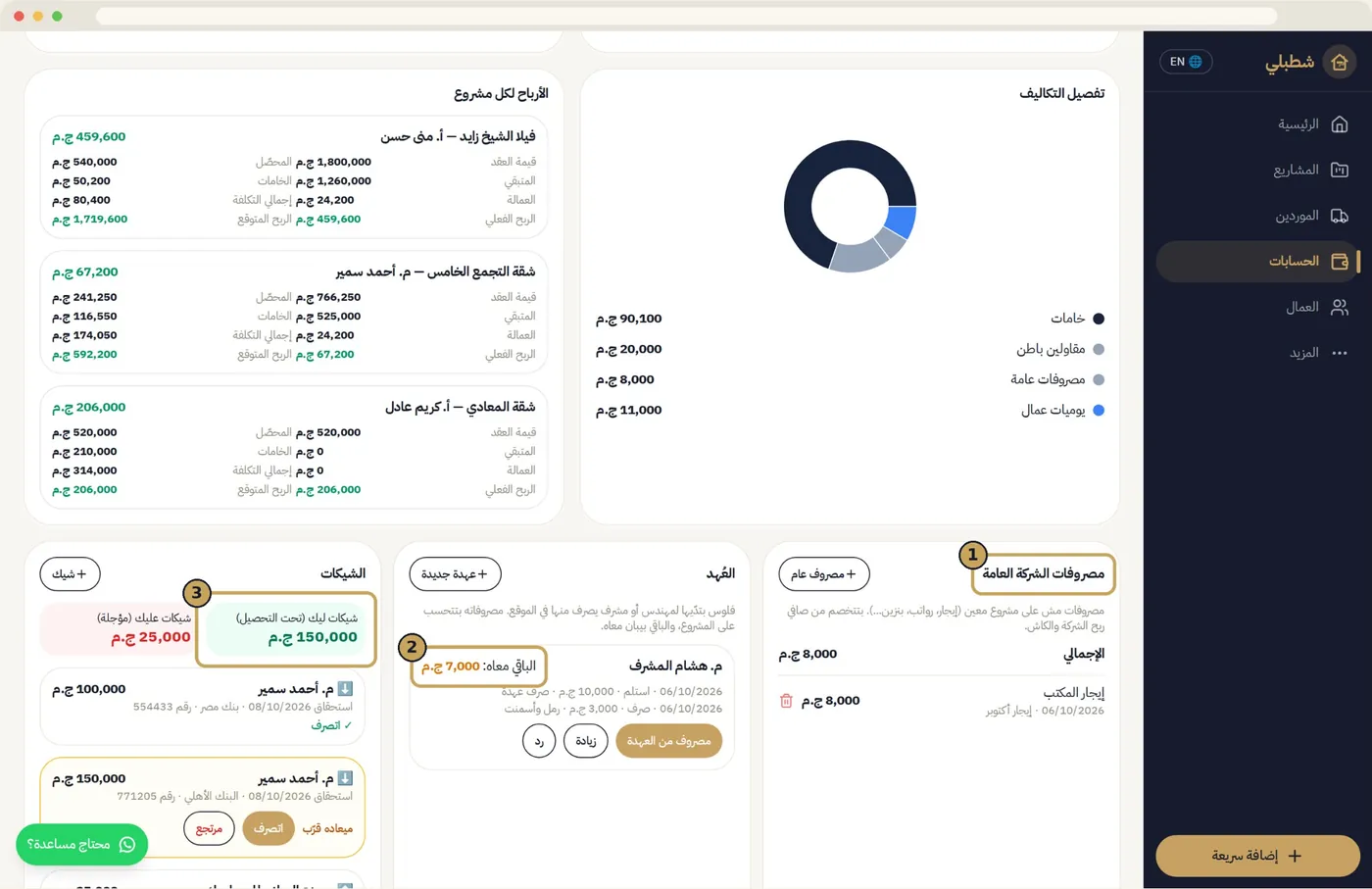 العُهد والشيكات والمصروفات العامة